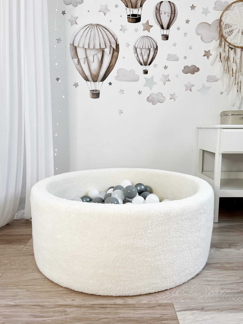 Sauso bumbiņu baseins bērniem ar 250 bumbiņām no plīša –  Ecru, 90×30 cm