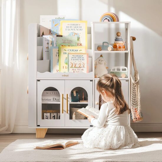 Wooden Children's Cabinet and Toy Organizer with Bookshelf