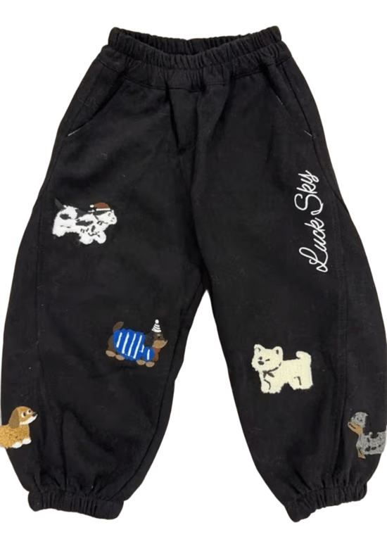 ECO KIDS Long Pants with Elastic Waist and Embroidered Cartoon Motif, Black