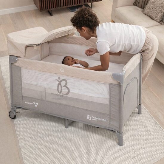 Saliekama ceļojumu gultiņa bērniem, no dzimšanas līdz 15 kg, pelēki bēša