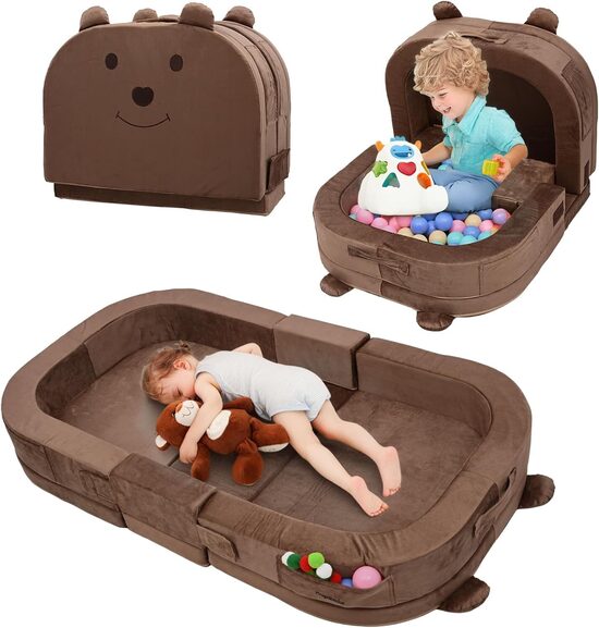 Foldable Bear-Shaped Children’s Travel Bed, 124 × 70 × 18 cm, Brown