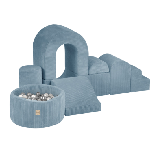 Mīksto bloku rotaļu laukums “Pils” ar bumbu baseinu (150 bumbas, pērļu/sudraba)